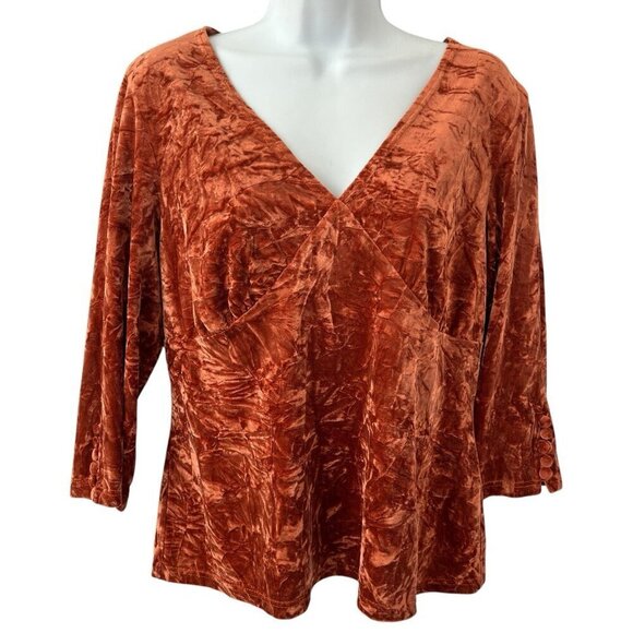 Tribal Women Crushed Velvet Babydoll Top Large Burnt Orange Y2K 90s Boho Stretch - Picture 1 of 12